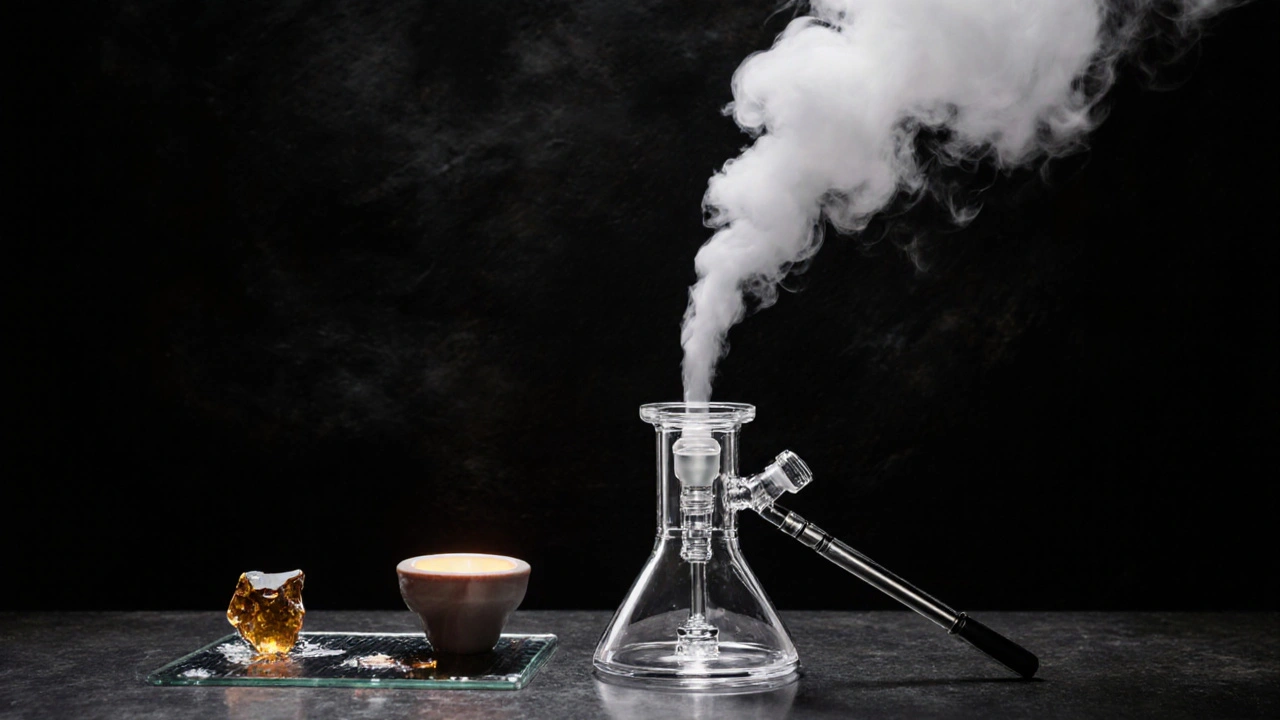 Desktop‑Dab‑Rig mit E‑Nail, Glas‑Bowl, Shatter‑Rückstand und dicker Dampfwolke im Studio.