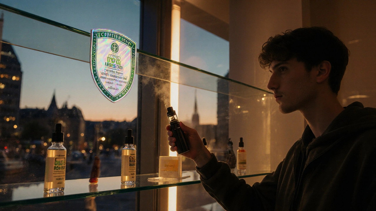 Deutsches Boutique‑Interieur mit zertifizierten CBD‑Produkten und einer Person, die einen Vaporizer hält.