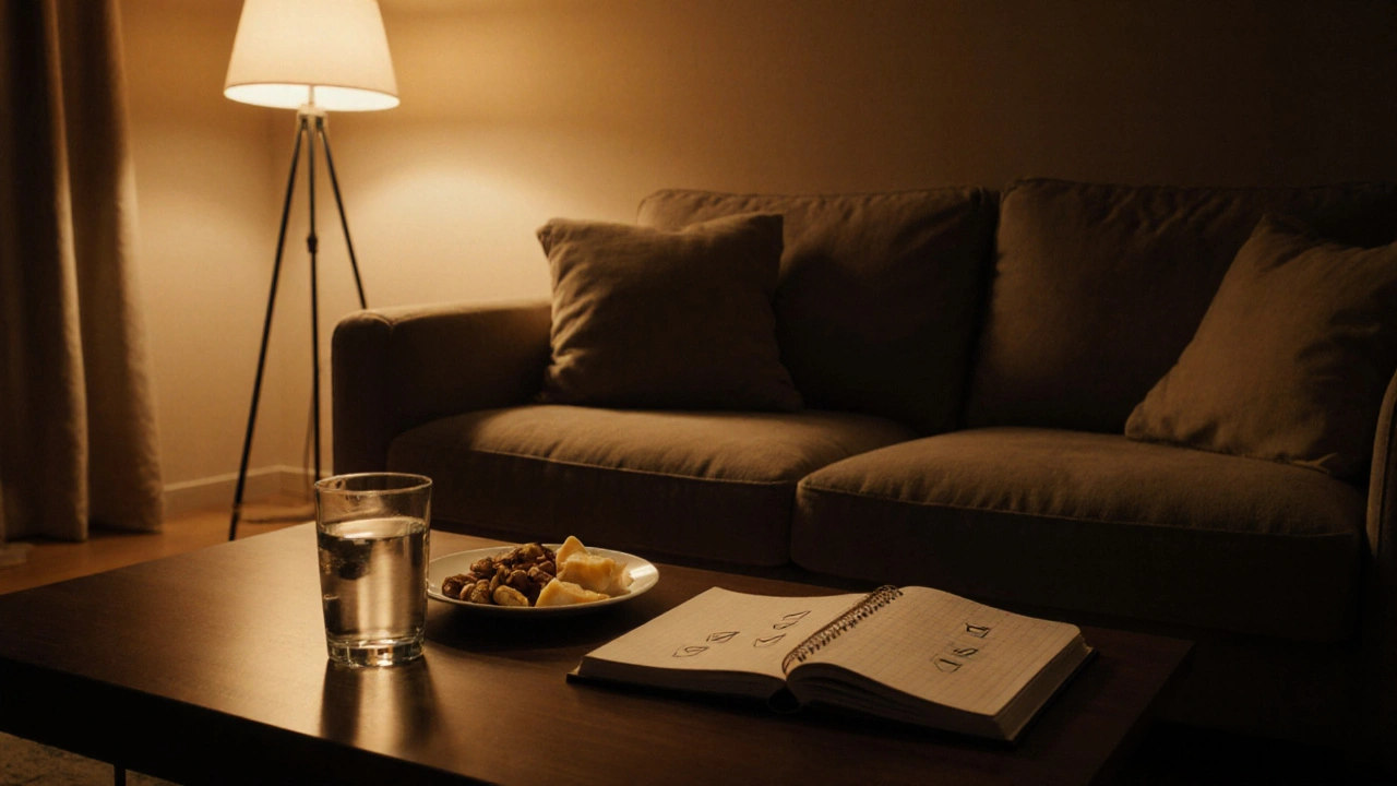 Entspannter Wohnbereich mit Sofa, Nüssen, Wasserglas und Notizbuch für sichere Edible‑Anwendung.