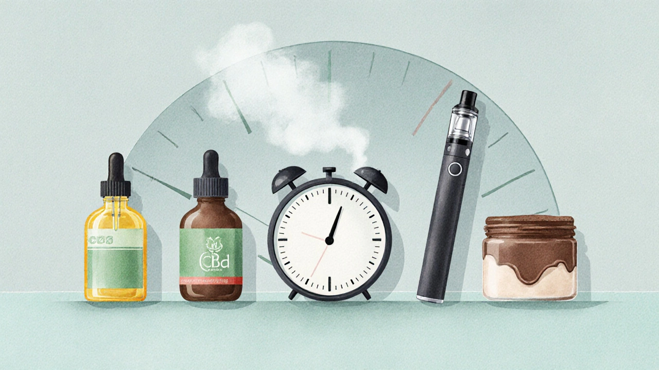 Flachliegende Auswahl von CBD‑Produkten (Öl, Kapseln, Vape, Creme, Essen) mit leichtem Uhr‑Motiv.