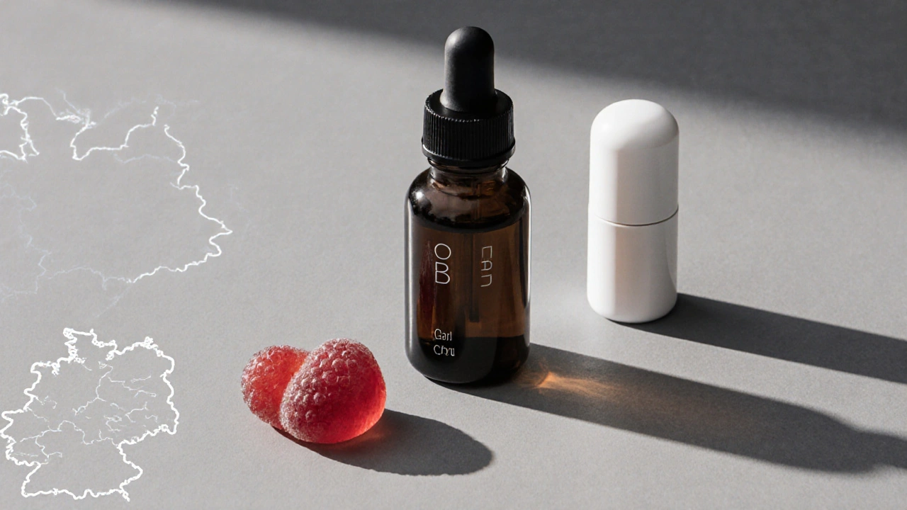 Flachliegendes Arrangement von CBD‑Kaugummi, Öl‑Dropper und Kapsel auf einem neutralen Tisch.