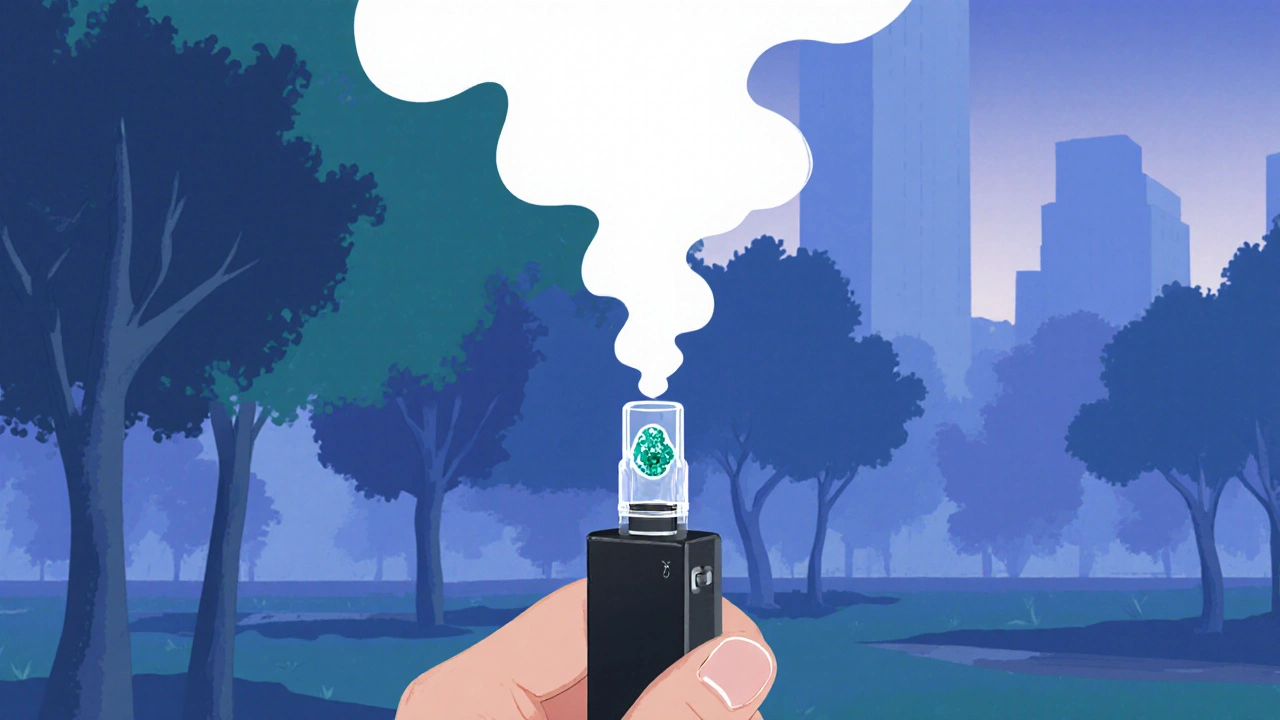 Hand hält tragbaren Vaporizer mit Silikon‑Insert und Shatter, ein leichter Dampf ragt nach oben im Park.