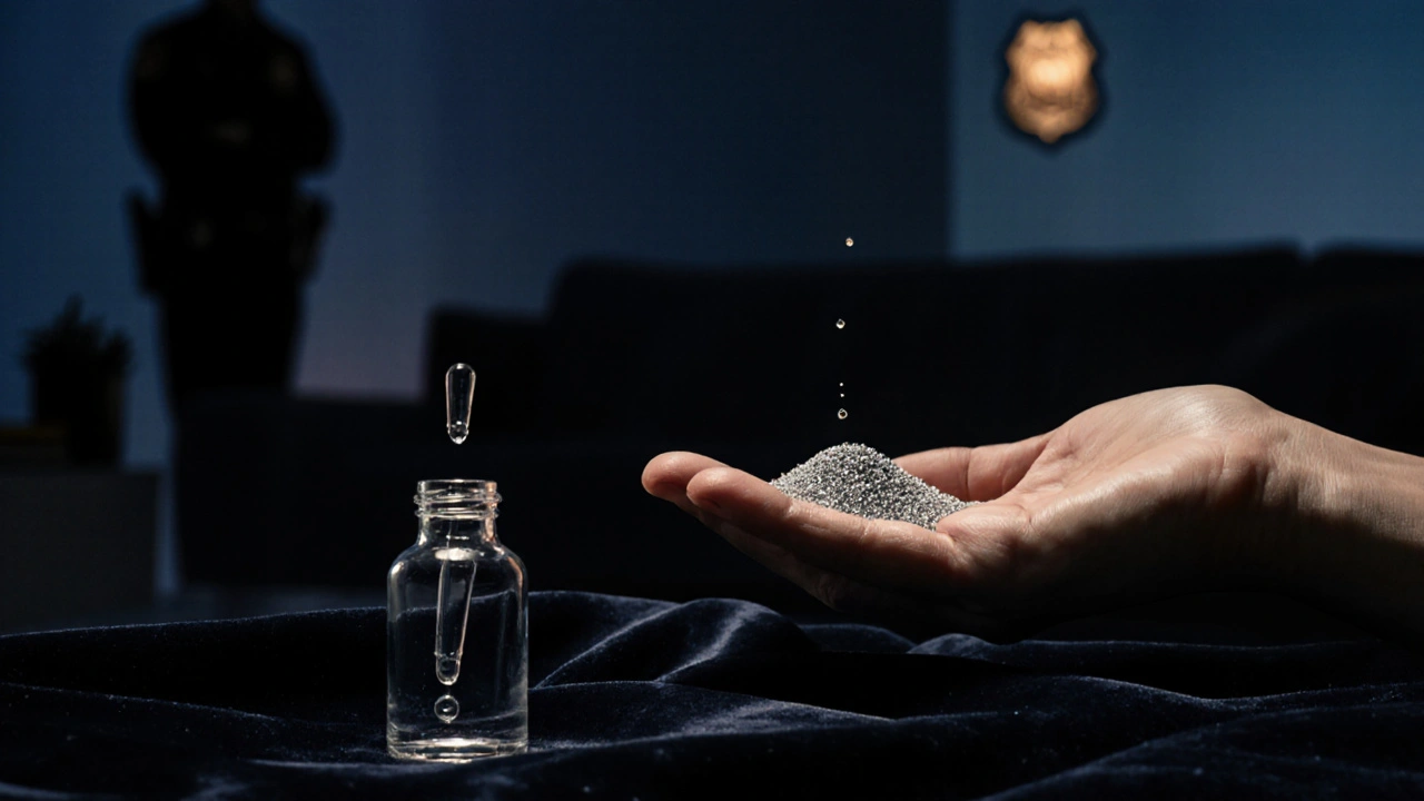 Hand hält winzige THCP‑Kristalle, Dropper bereit, rechtlicher Hinweis im Hintergrund.