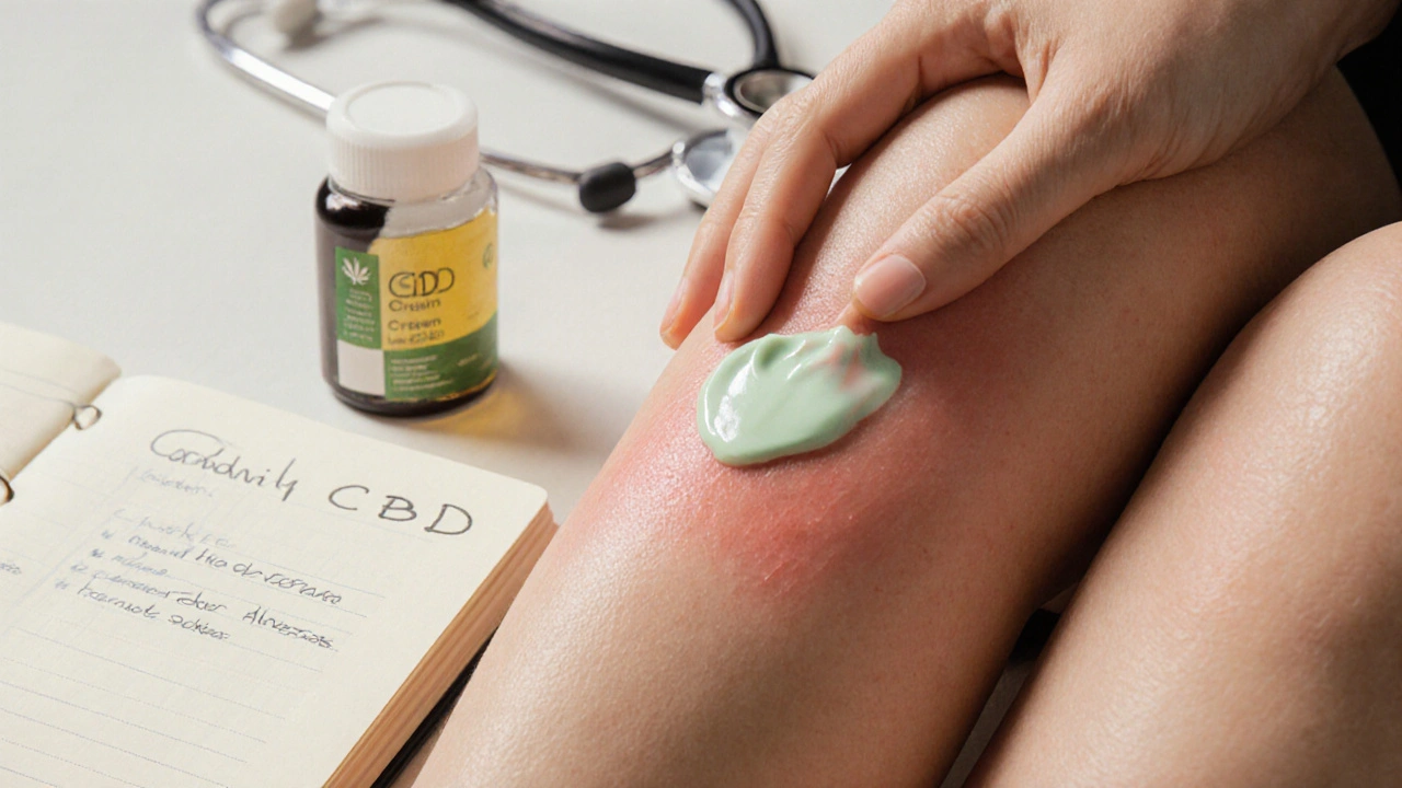 Hand trägt CBD‑Creme auf geschwollenes Knie auf, Journal und Flasche daneben.