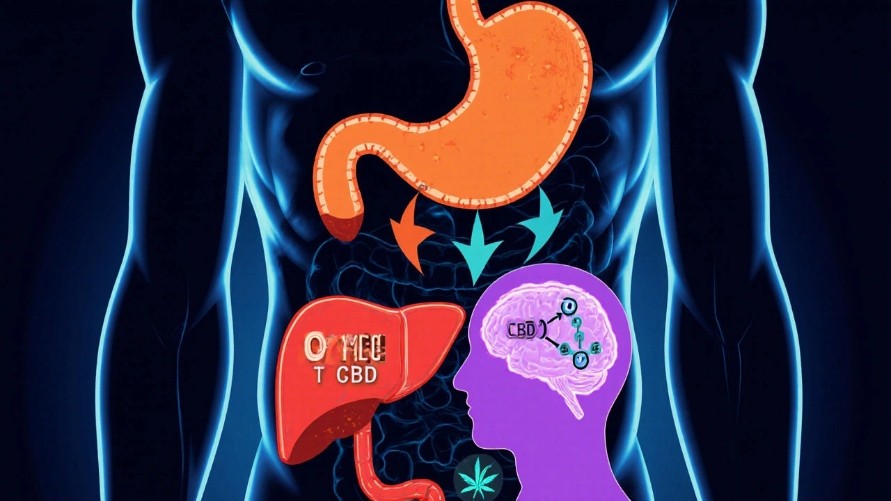 Illustration des Verdauungs‑ und Stoffwechselwegs von Koffein, THC und CBD im Körper.
