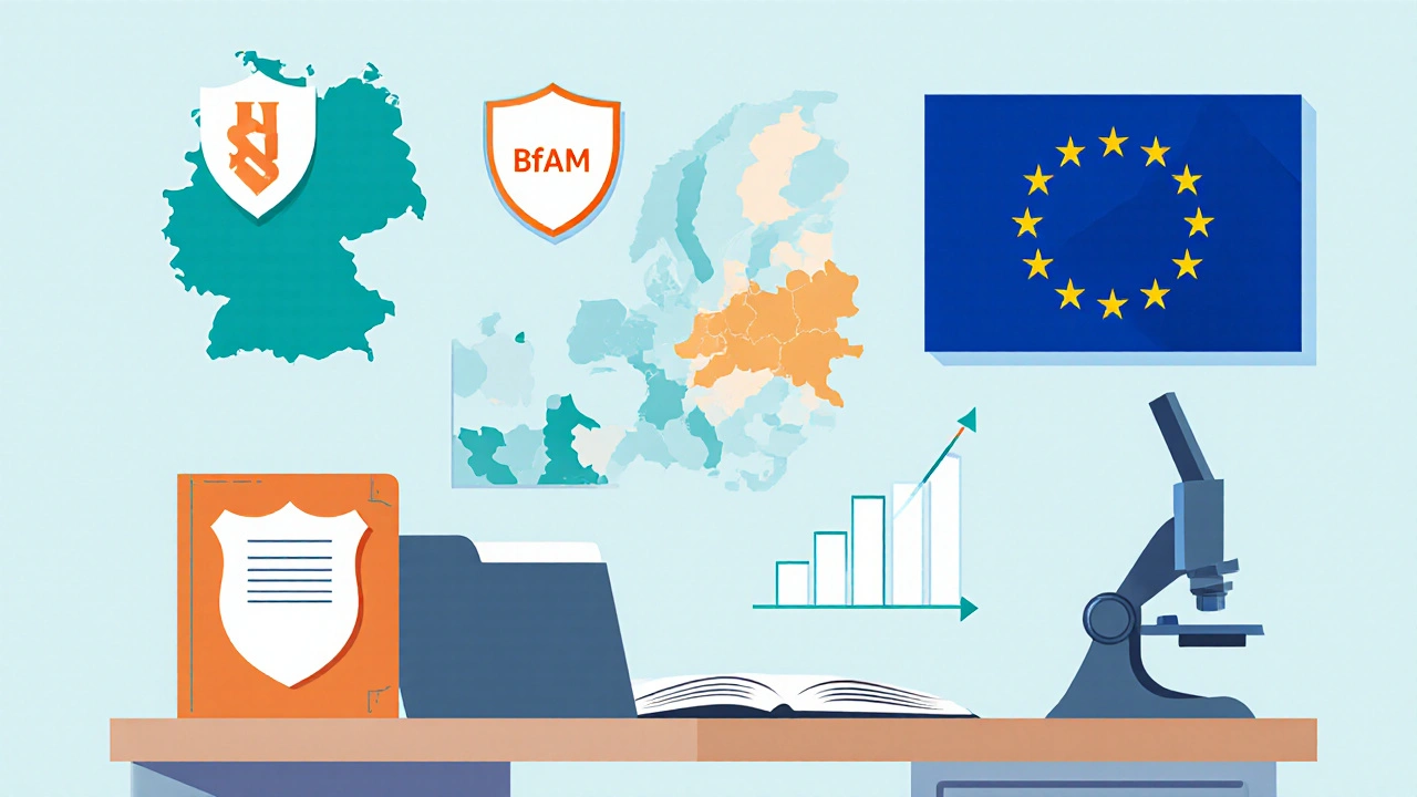Illustration eines Büros mit Dokumenten, EU‑Karte und Symbolen für BfArM und EFSA.