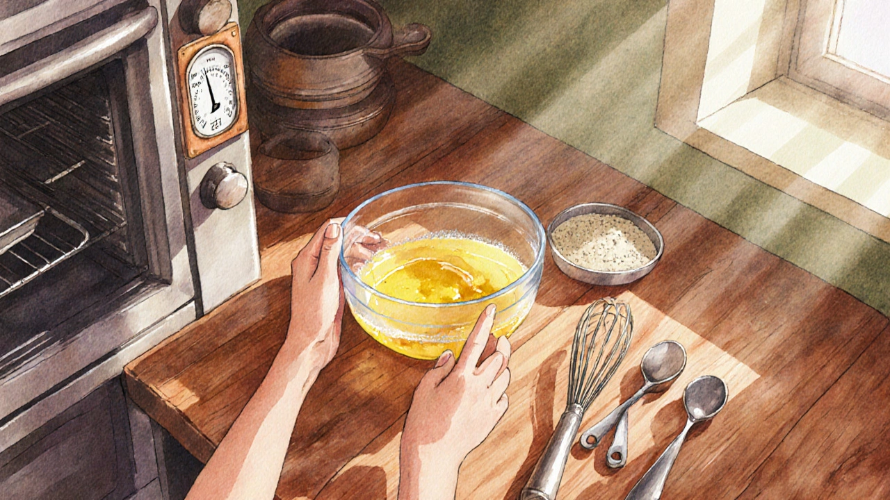 Küchenillustration: Hände rühren CBD‑Öl in Butter, Thermometer zeigt 120 °C.