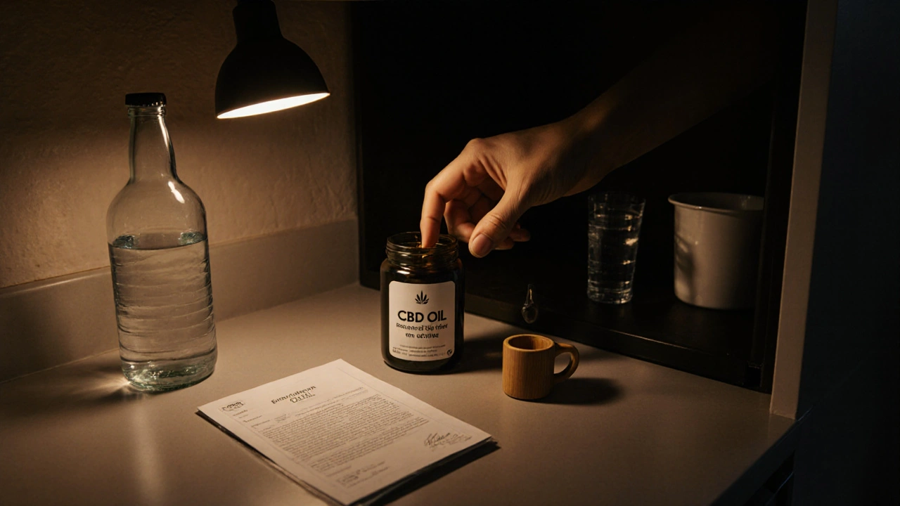 Küchentisch bei Dämmerlicht mit CBD‑Flasche, Messbecher und COA‑Dokument.