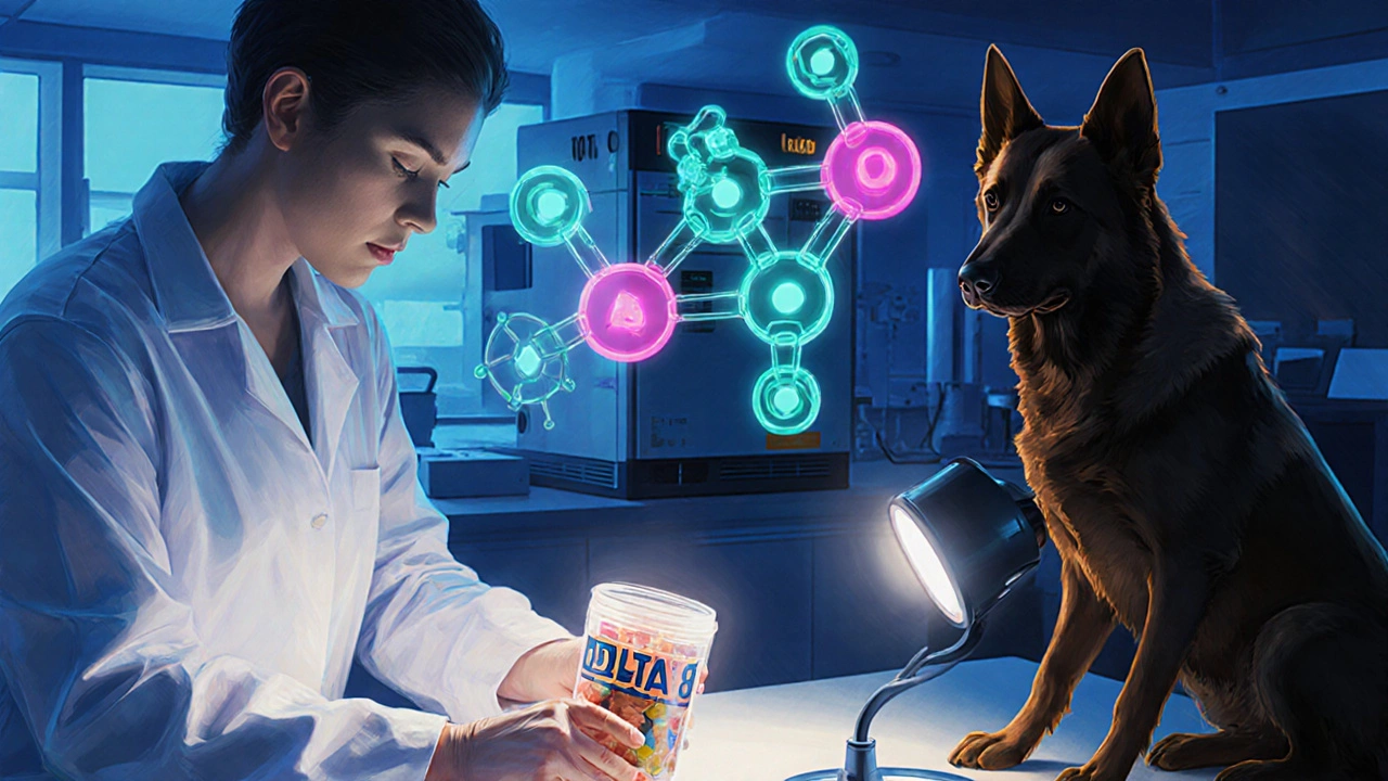 Labormitarbeiter analysieren Delta‑8‑Gummis, während ein Hundesilhouette und Molekülmodelle leuchten.