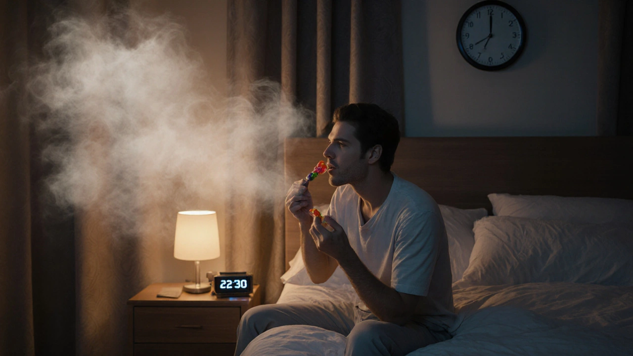 Person nimmt ein Edible im Schlafzimmer, warmes Licht und leichte Traumwolken umgeben sie.