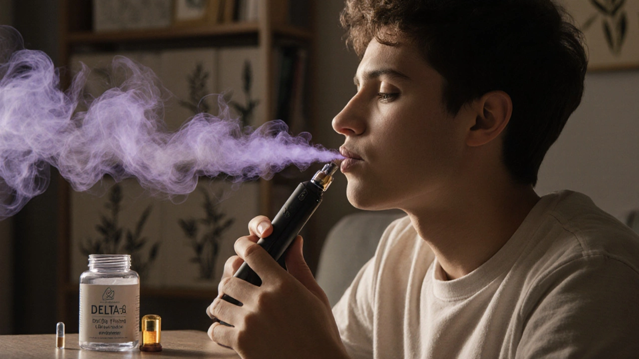 Person nutzt Vape‑Pen für HHC‑O, daneben Delta‑8‑Kapsel, verdeutlicht unterschiedliche Wirkungen.