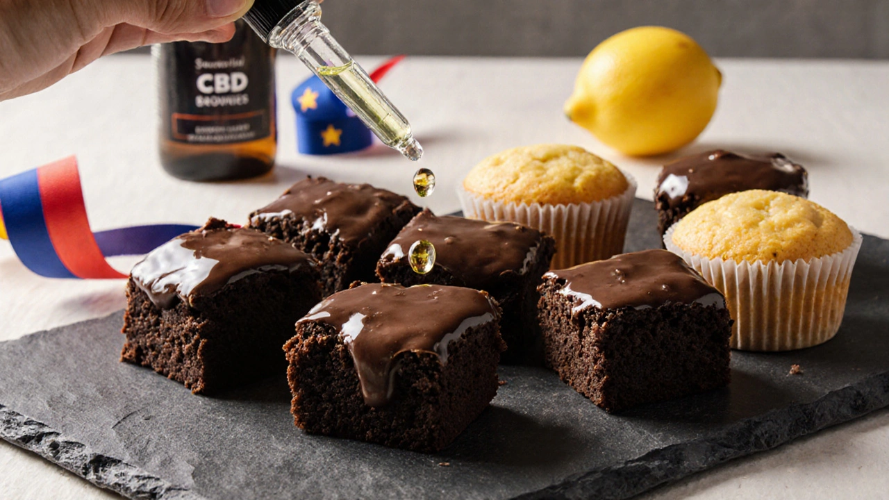 Platte mit CBD‑Brownies und Muffins, Terpen‑Tropfen darüber.