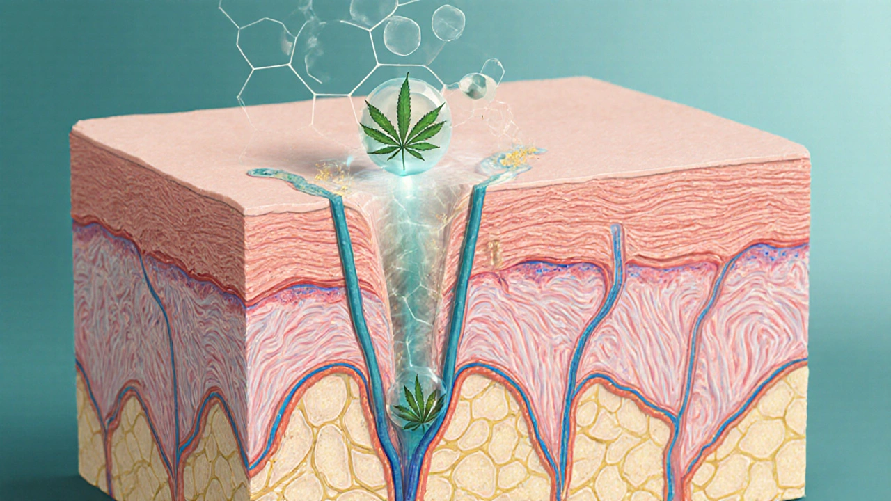 Querschnitt der Haut mit CBD-Molekülen, die Kollagen und Elastin in der Dermis fördern.