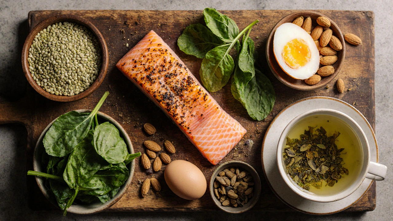 Sieben haargesunde Lebensmittel kunstvoll auf einem Holzbrett im Sonnenlicht arrangiert.