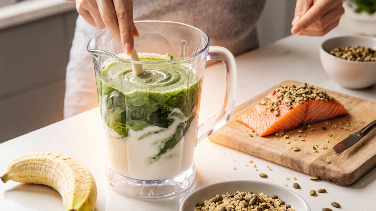 Smoothie mit Hanfsamen, Spinat und Banane auf einer Küchenarbeitsfläche bereit.