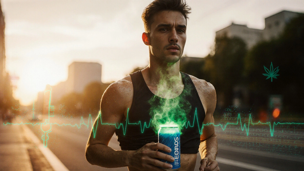 Sportler/in trinkt den Drink vor dem Training, Herzschlag‑Visualisierung und Energiewelle.