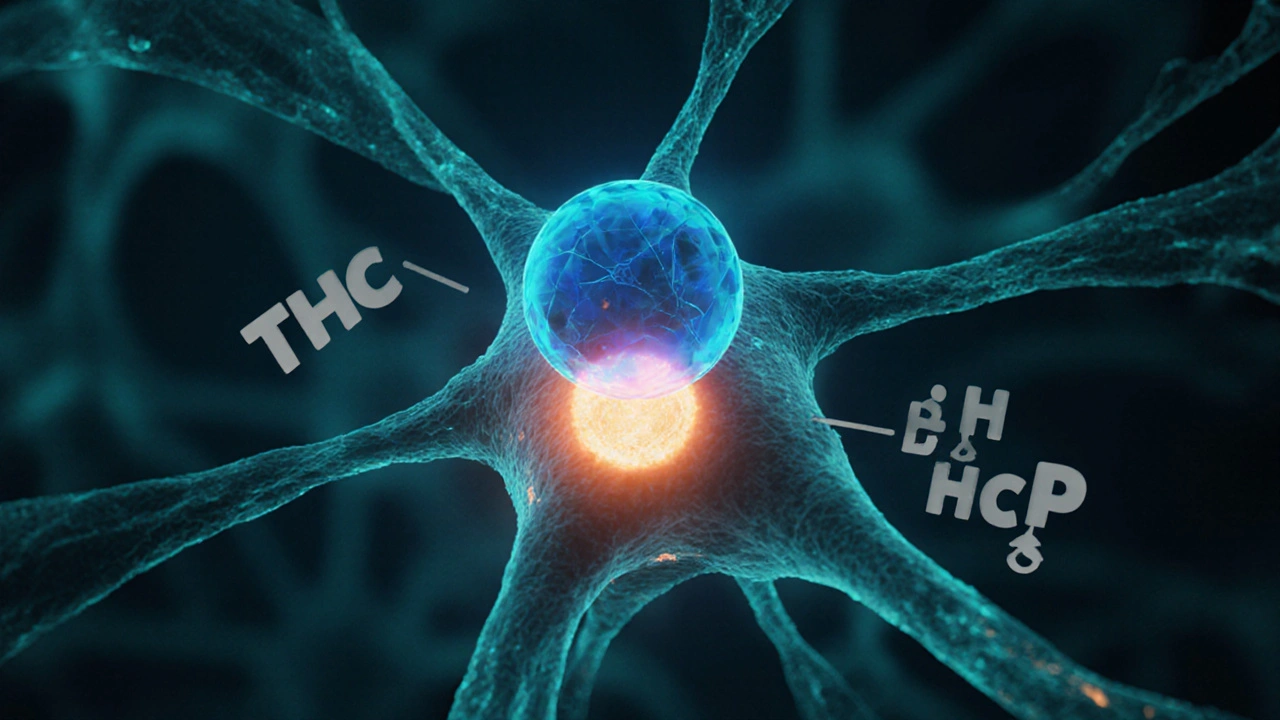 THCP bindet leuchtend an CB1‑Rezeptor, THC und HHC‑P im Hintergrund.