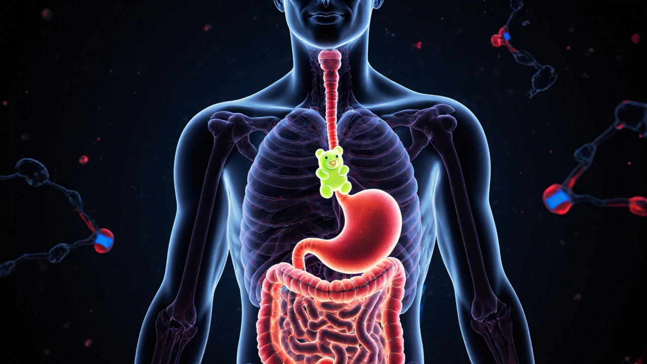 Transluzenter menschlicher Körper mit CBD-Molekülen, die nur teilweise in den Blutkreislauf gelangen.