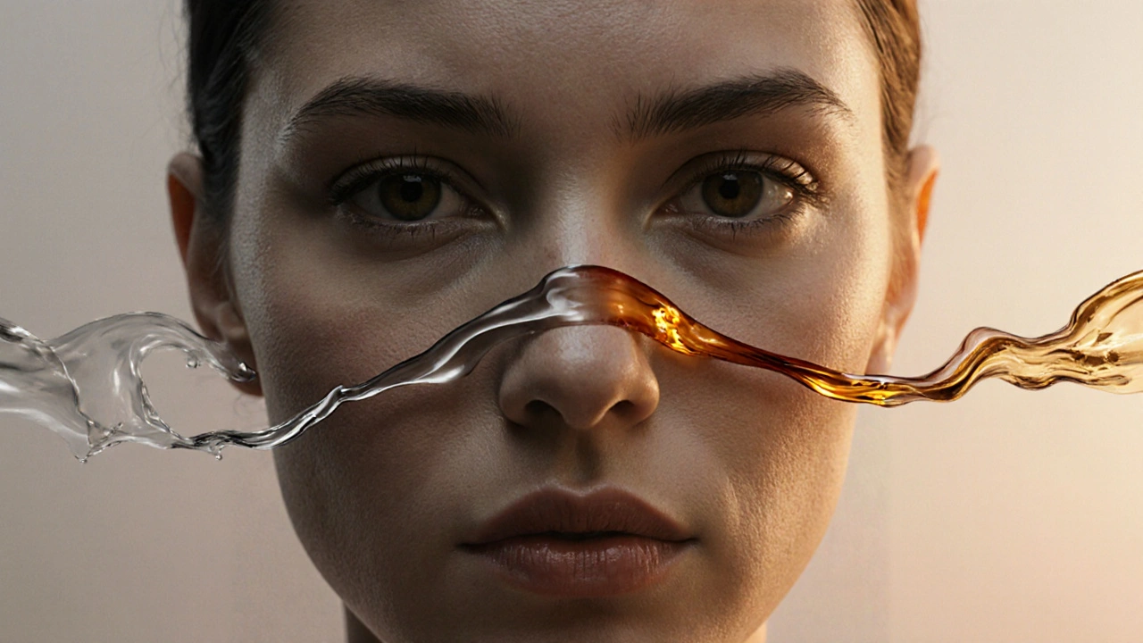 Vergleich zweier Gesichtszustände: müde Haut links, strahlende Haut rechts, verbunden durch CBD-Serum.