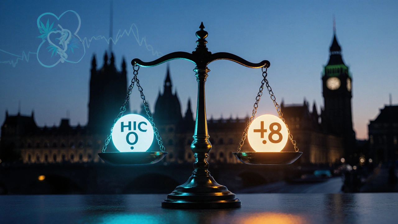 Waage balanciert HHC‑O und Delta‑8, Symbolik für rechtlichen und gesundheitlichen Kontext.