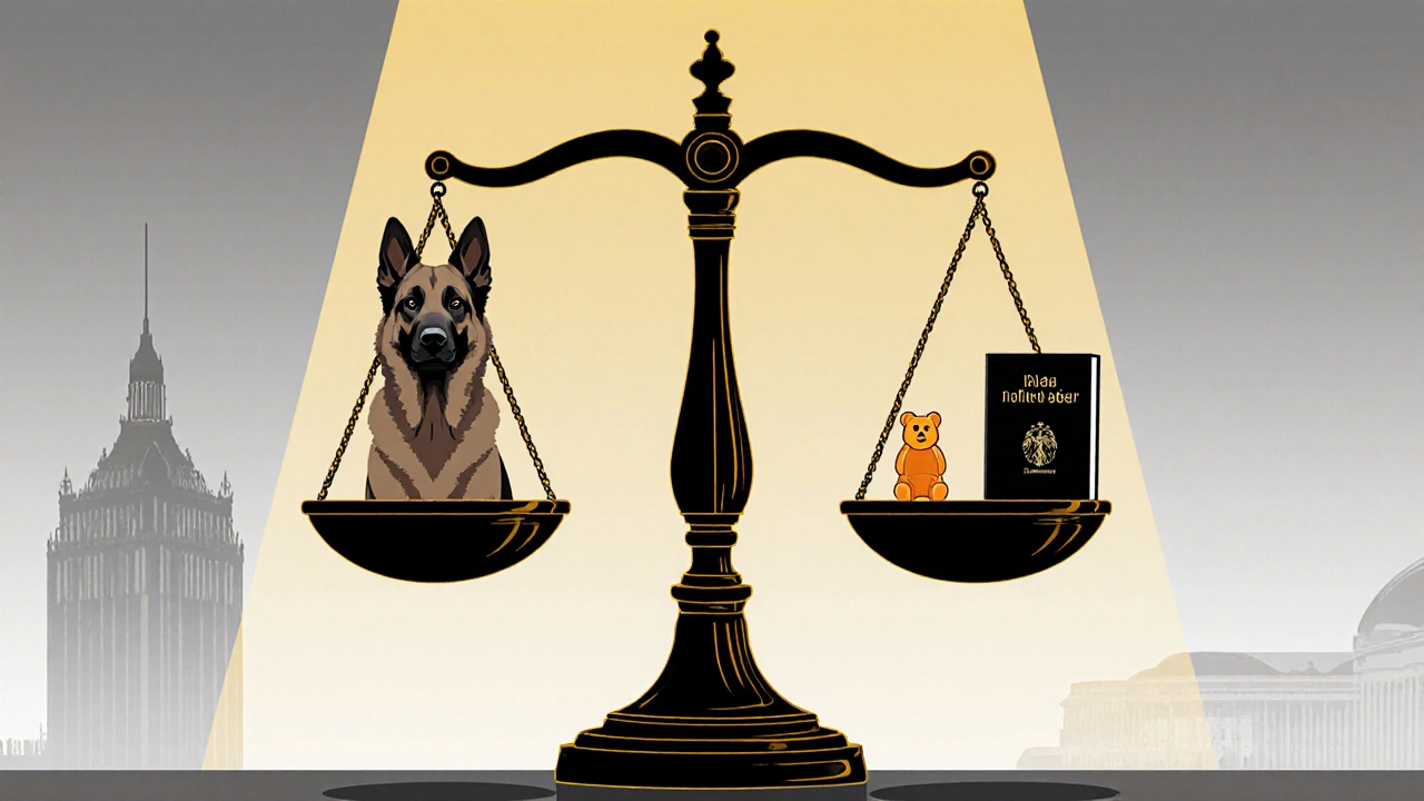 Waage mit Polizeihund und Delta‑8‑Gummis symbolisiert rechtliche Abwägung in Deutschland.