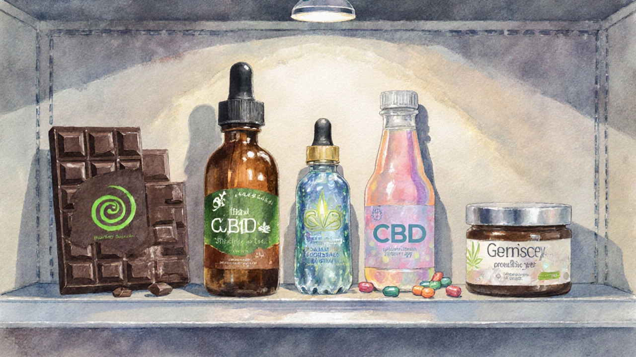 Wassermalerei eines Supermarktregals mit verschiedenen CBD‑Lebensmitteln.