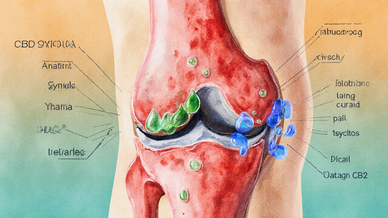 Wassermalfalz von CBD‑Molekülen, die an CB2‑Rezeptoren im entzündeten Knie binden.