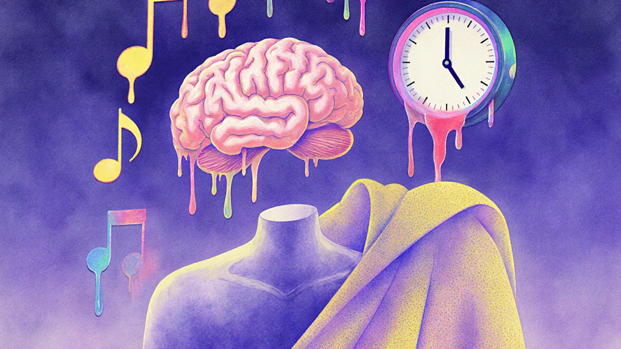 Abstrakte Darstellung der Sinneswahrnehmung: schwebendes Gehirn umgeben von verzerrten Farben und schmelzender Zeit.