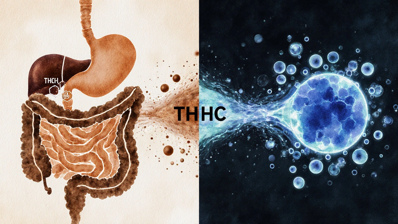 Abstrakte Darstellung von THC-Aufnahme: fettlöslich vs. wasserlöslich in Körper