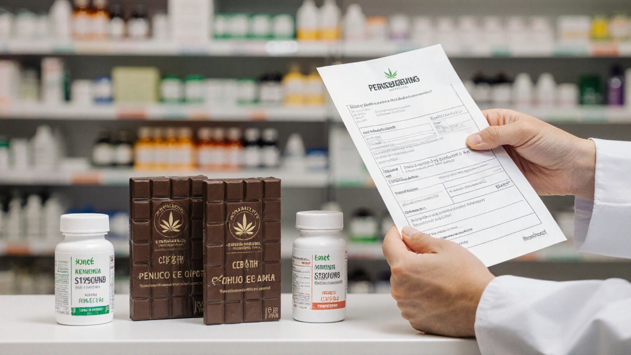 Apothekenregal mit legaler Cannabis-Schokolade und Rezeptmedikamenten, Laborbericht sichtbar.