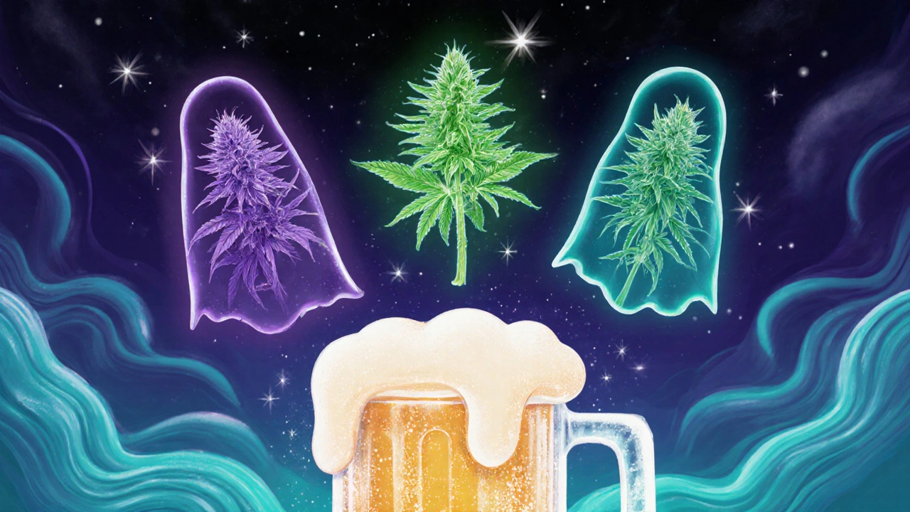 Drei Cannabis-Pflanzenarten schweben über einem Bierglas mit unterschiedlichen Farben.