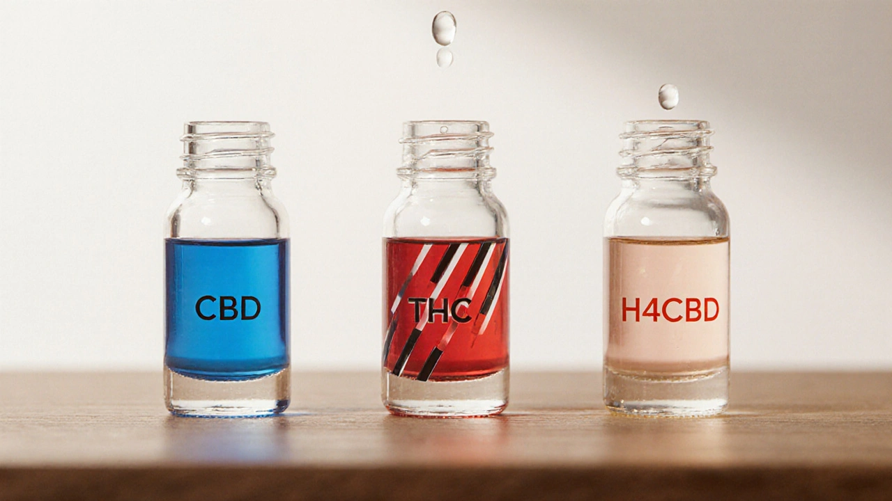 Drei Fläschchen mit CBD, THC und H4CBD, jeweils mit einem fallenden Tropfen, minimalistisch.