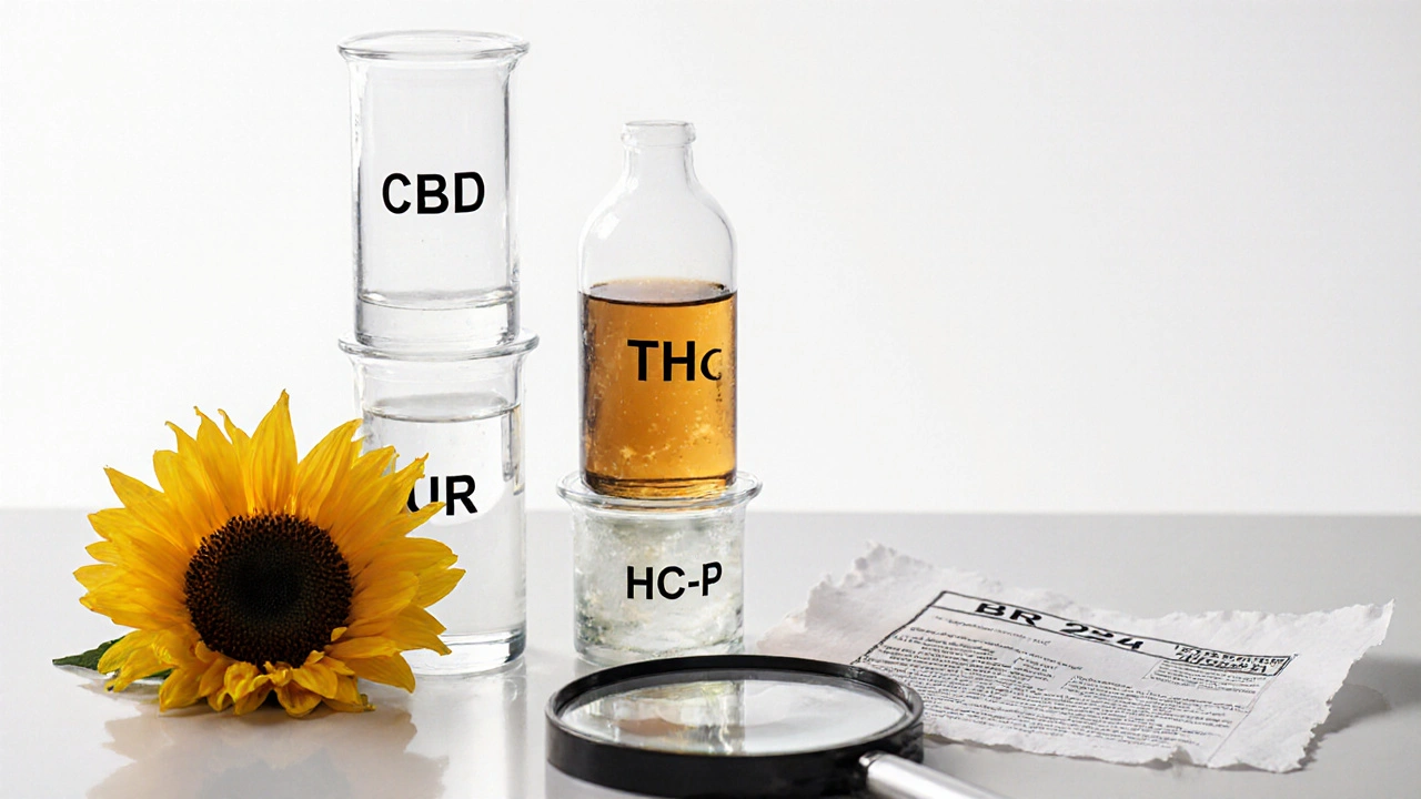 Drei Fläschchen mit CBD, THC und HHC-P auf Laborbank, HHC-P-Flasche mit trüber Flüssigkeit und juristischem Dokument.