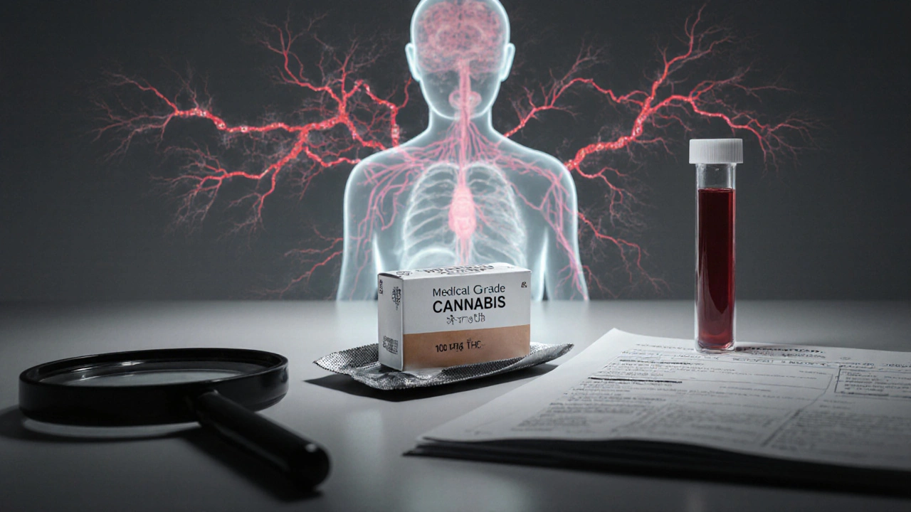 Ein medizinisches Cannabis-Produkt mit 100 mg THC auf einem Labortisch, daneben abstrakte biologische Prozesse als Transparenz.