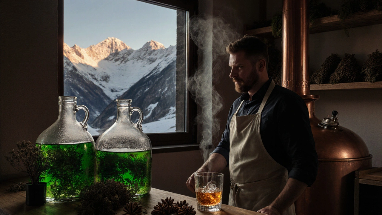 Ein Meisterdistillateur beobachtet einen Kupferdestillierapparat in einer Schweizer Brennerei bei Dämmerung.