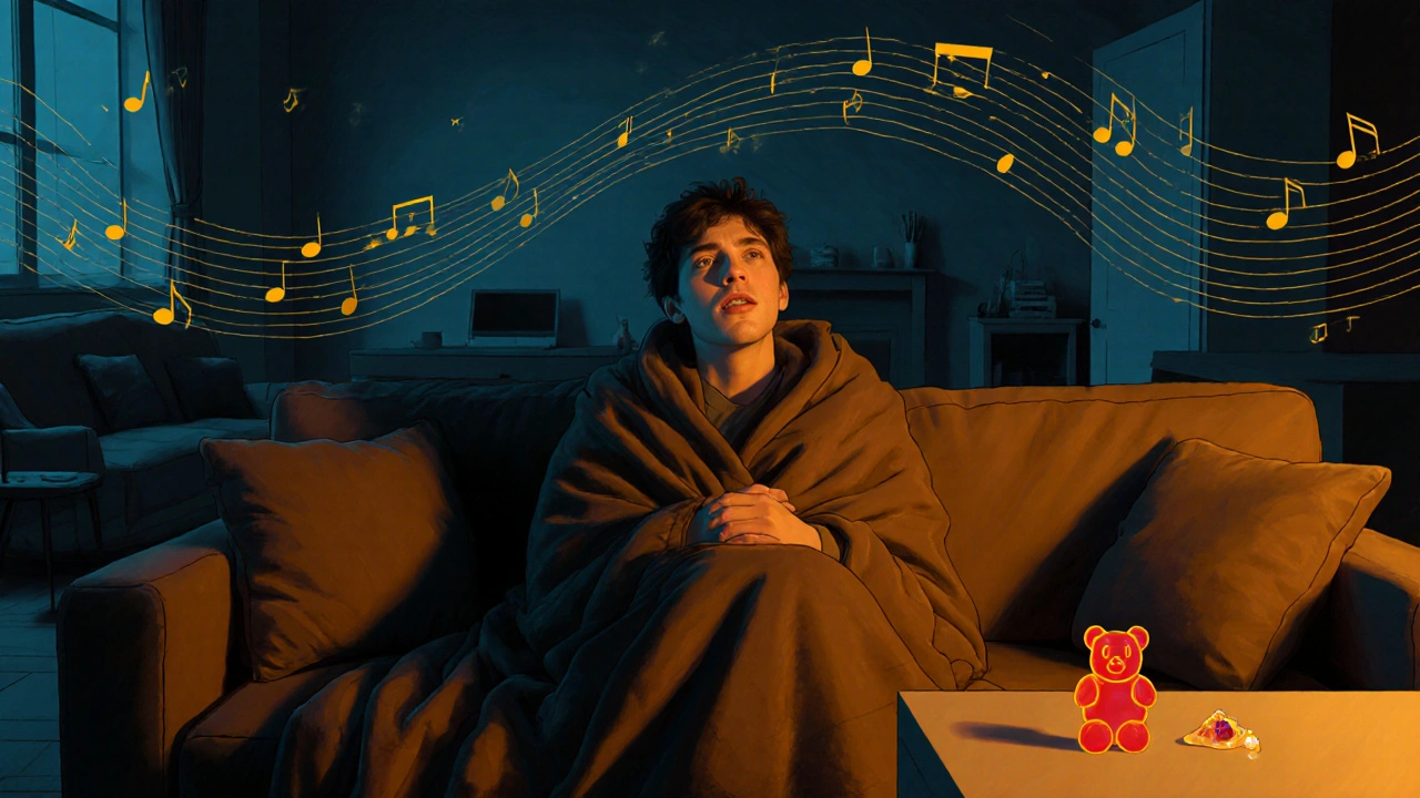 Eine Person auf der Couch, umgeben von schwebenden Möbeln und physischen Klangwellen, ausdrücklich verunsichert und fasziniert.