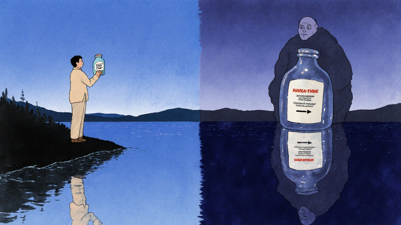 Eine Person hält ein HHC-P-Ölfläschchen, während ihre Reflexion sie warnt.