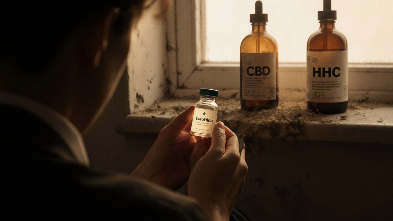 Eine Person hält ein zertifiziertes Cannabinoid-Produkt, während unsichere Alternativen hinter ihr zerfallen, in gedämpftem Licht.