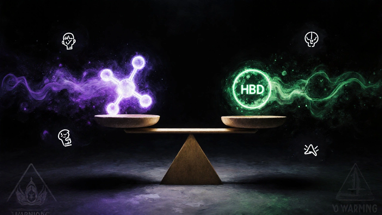 Eine Waage, die sanfte Euphorie durch HHC mit entzündungshemmender Wirkung von H4CBD vergleicht, in stilisierter, malerischer Darstellung.