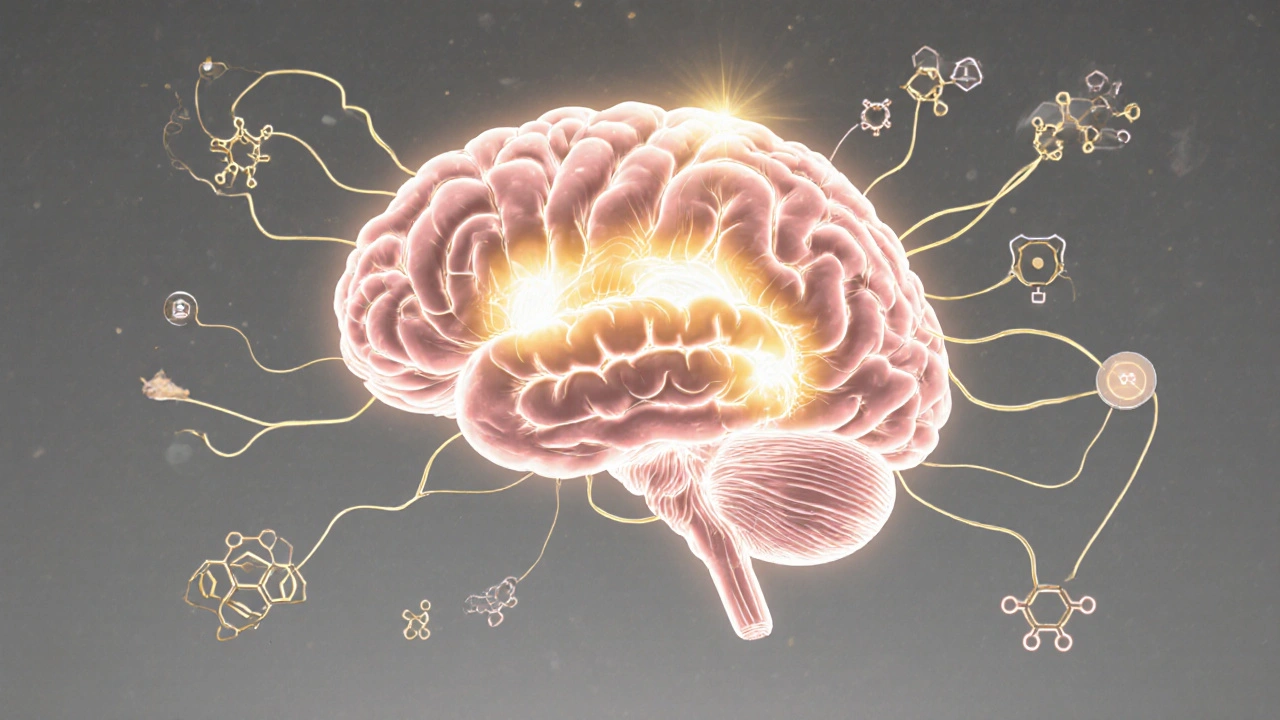 Gehirn mit leuchtenden Nervenbahnen, die H4CBD-Wirkung auf Dopamin und Serotonin darstellt.