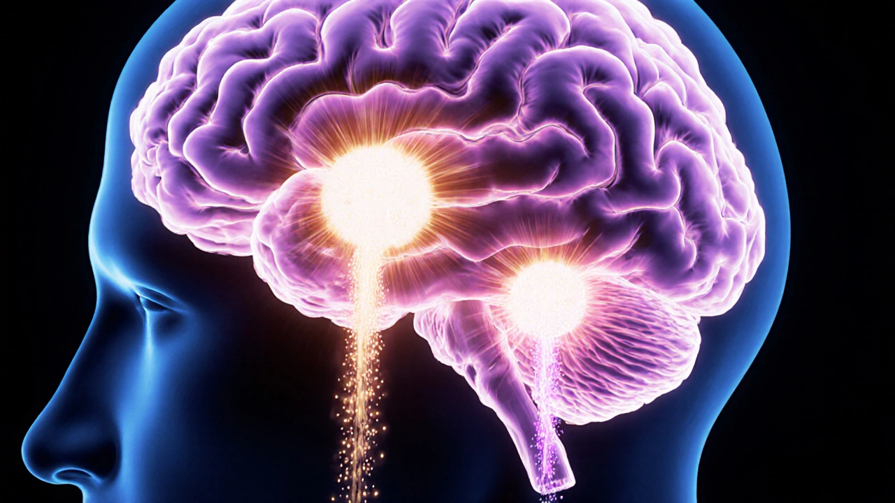 Gehirn mit zwei Lichtströmen: aktiver Metabolit und abgebauter Stoff, der über die Nieren ausgeschieden wird.
