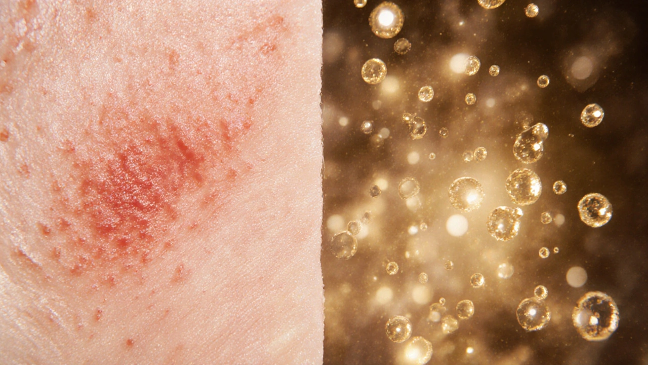 Gesichtshaut im Vergleich: entzündet links, beruhigt rechts, unterstützt durch CBG-Moleküle.