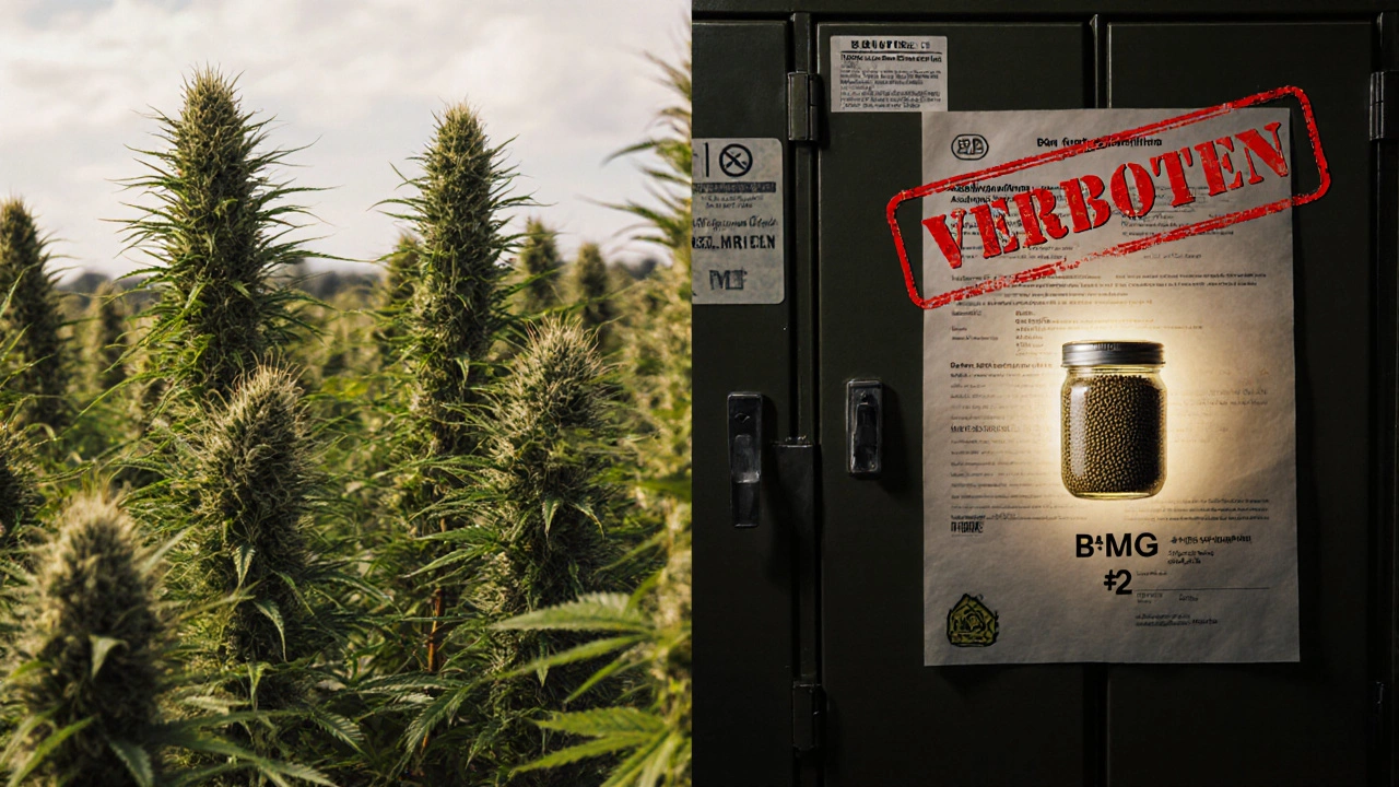 Getrennte Bilder: links Hanfpflanzen für Nahrung, rechts verbotene Hanfsamen im Militärarschal.