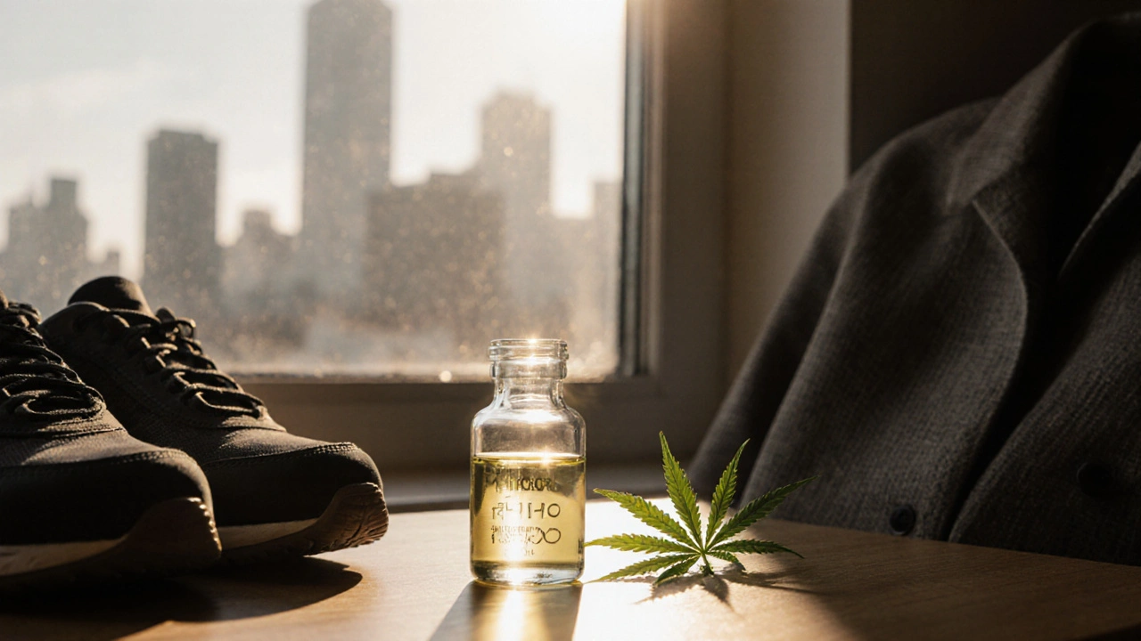 Gläserne Flasche mit HHC-O-Öl auf Holztisch, daneben Schuhe und Mantel, Morgenlicht, Hanfblatt