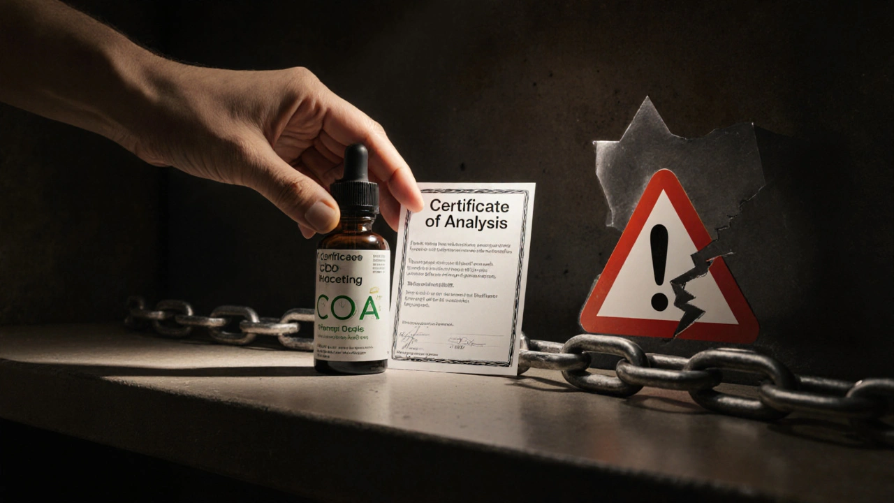 Hand legt zertifiziertes CBD-Produkt mit Laborbericht auf Regal, Symbol für Sicherheit.