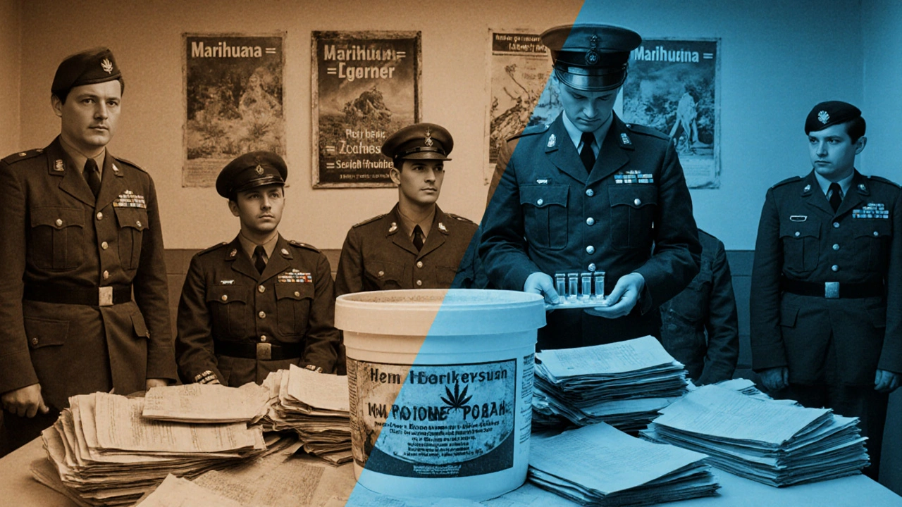 Historische Militärbesprechung mit veralteten Drogenwarnungen und modernem Hanfpulver.