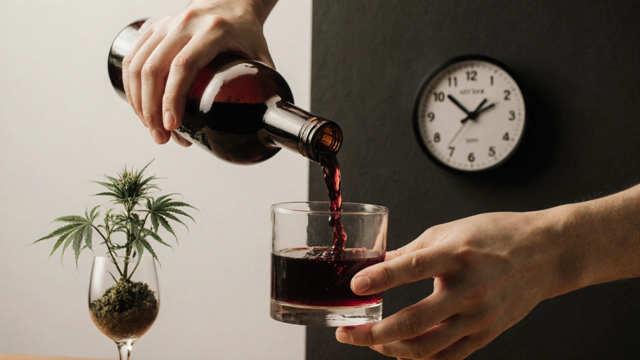 Jemand gießt Cannabis-Wein vorsichtig in ein Glas, ohne zu schütteln, ruhige Atmosphäre.