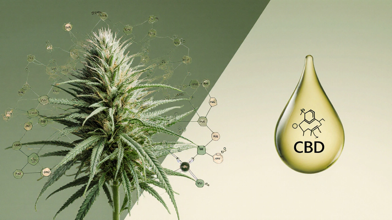 Künstlerische Darstellung einer Hanfblüte mit allen Wirkstoffen neben einem isolierten CBD-Molekül im Öl.