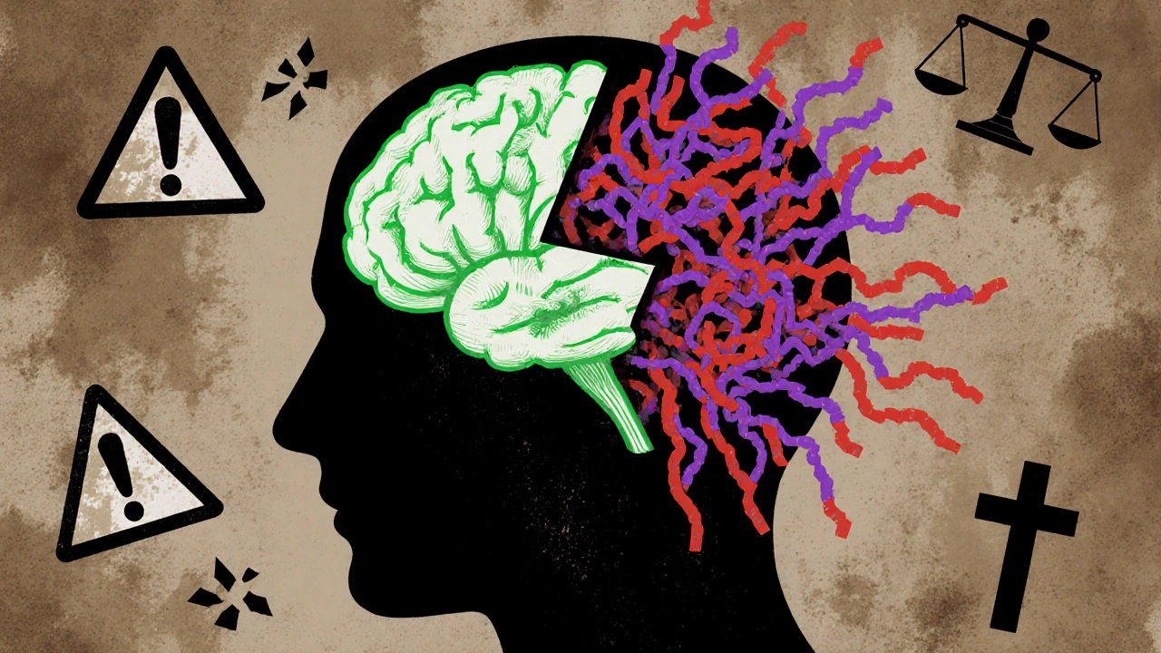 Künstlerische Darstellung eines Gehirns mit sanften CBD- und chaotischen HHC-P-Neuronenverbindungen.