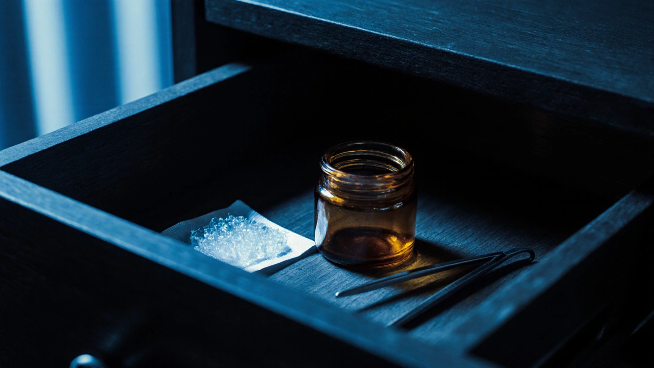 Luftdicht verschlossenes Glasgefäß mit CBD-Shatter in dunklem Schrank, mit Silikagel-Päckchen.